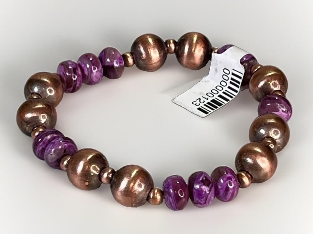 Copper Pearls & Purple Lepidolite Southwestern Beaded Stretch Bracelet 19.9g NEW
